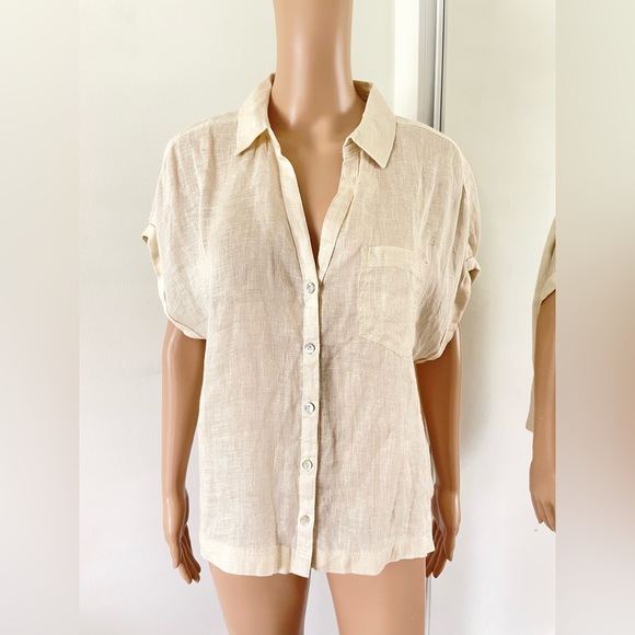C&C California Tops - C&C California Boxy Relaxed Cream Linen Shirt Top Size L Womens